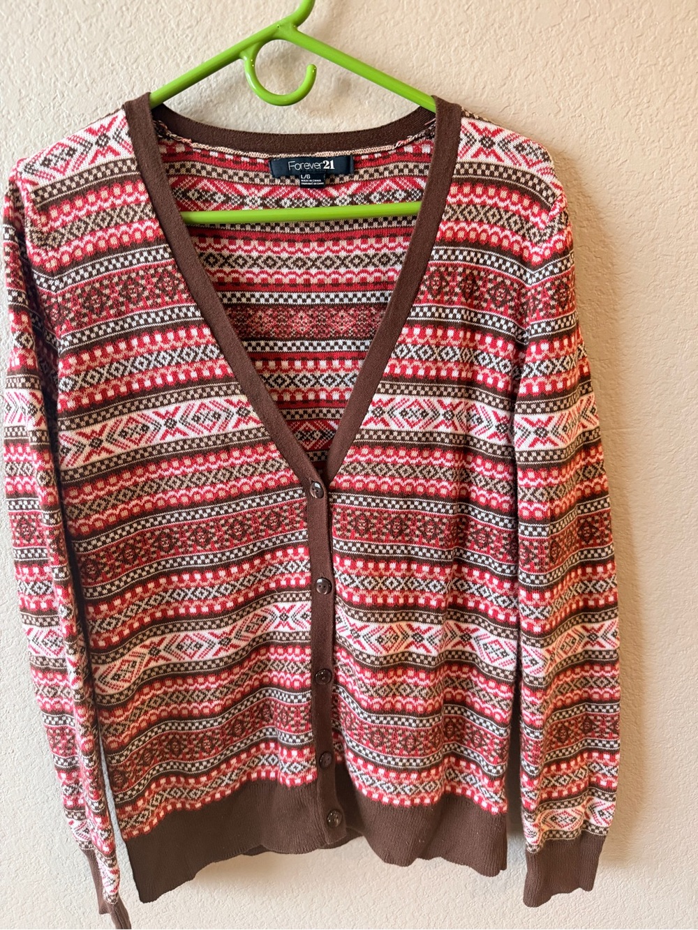Forever 21 Women's Red & Brown Fair Isle Button Cardigan